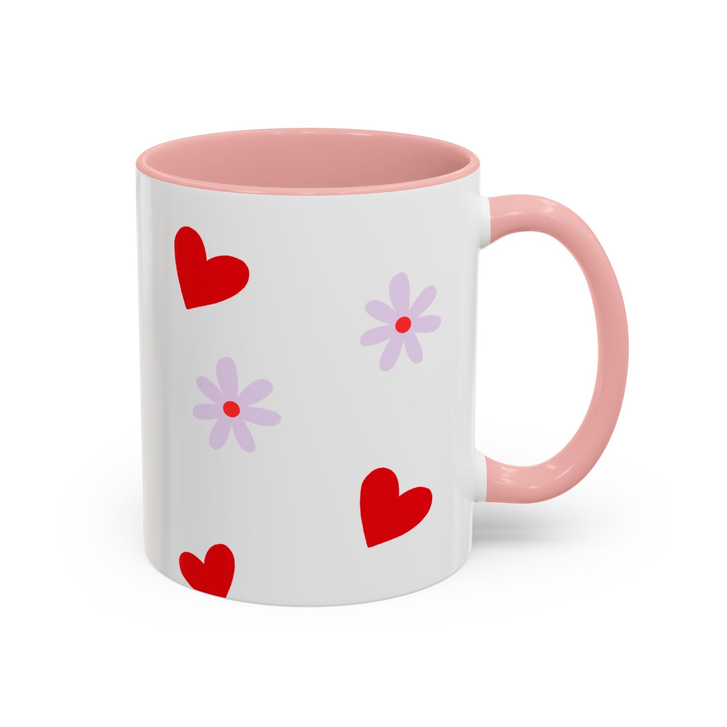 Heart & Daisy Accent Coffee Mug — Cute Red Hearts and Purple Flowers Ceramic Mug
