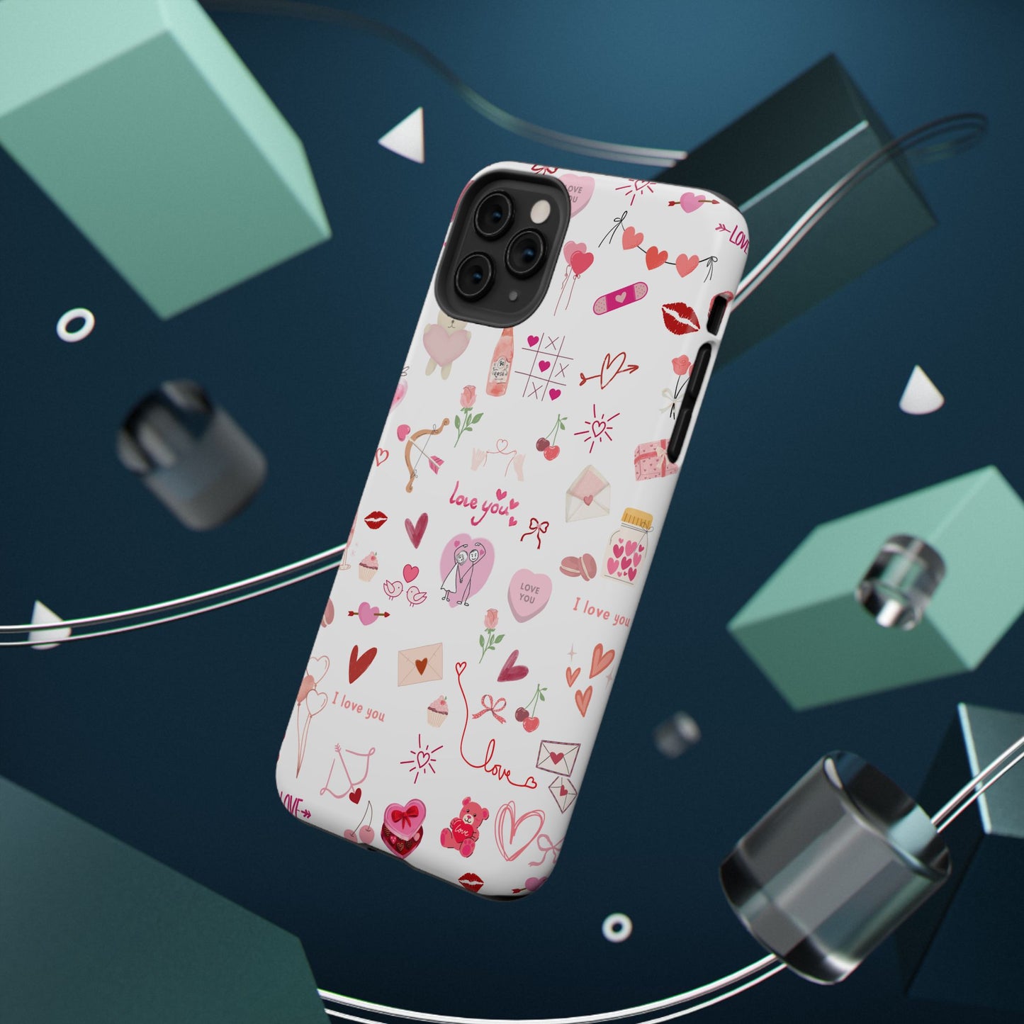 Valentine Doodle Impact-Resistant Phone Case — 'Love You' Pattern