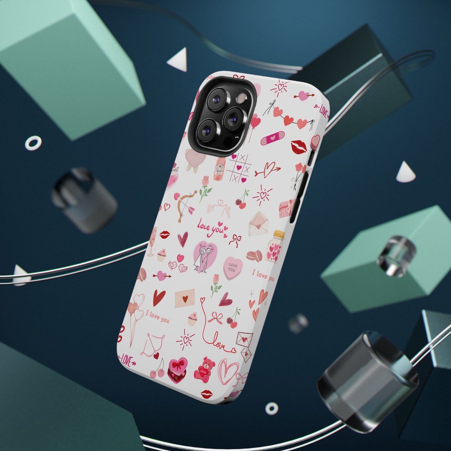 Valentine Doodle Impact-Resistant Phone Case — 'Love You' Pattern