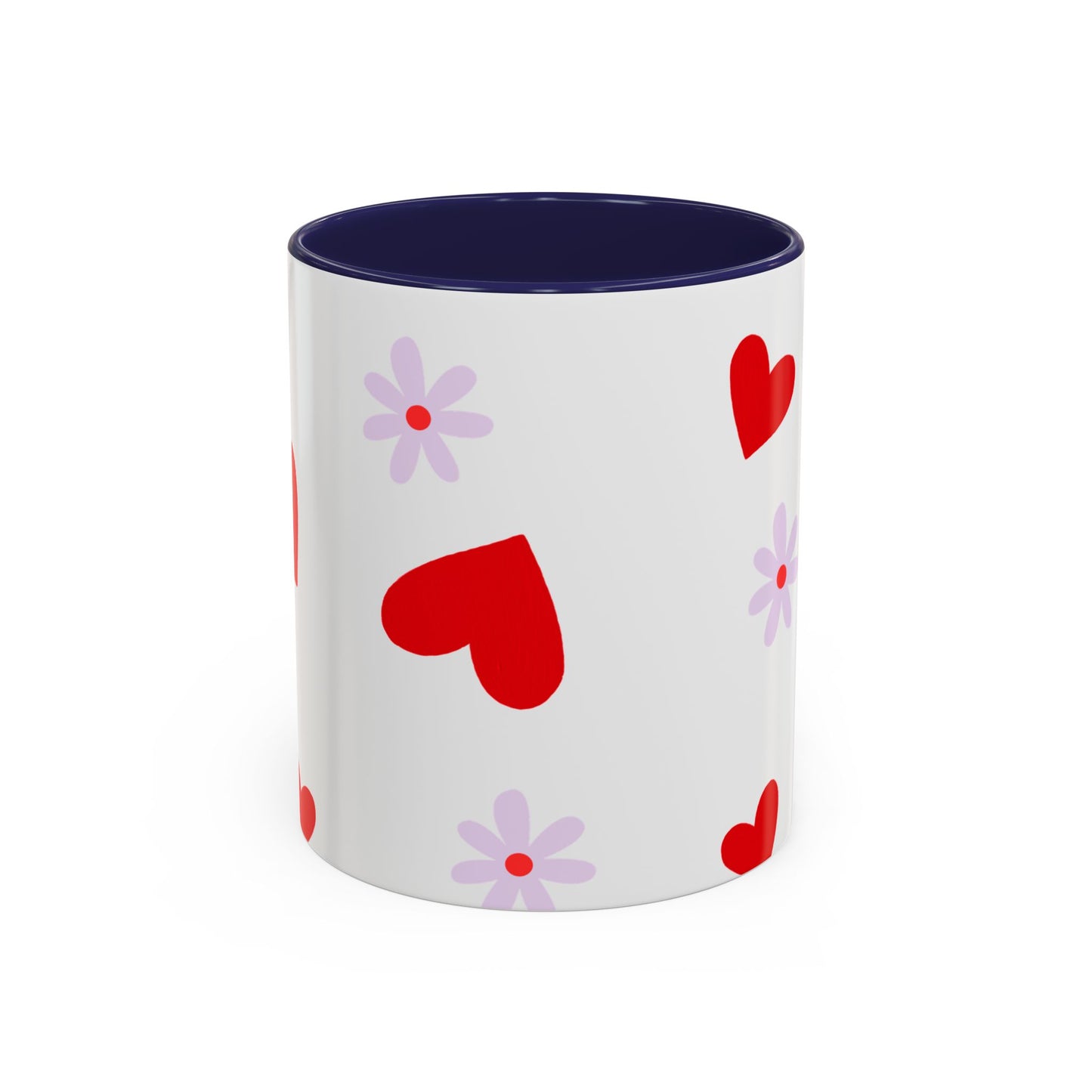 Heart & Daisy Accent Coffee Mug — Cute Red Hearts and Purple Flowers Ceramic Mug