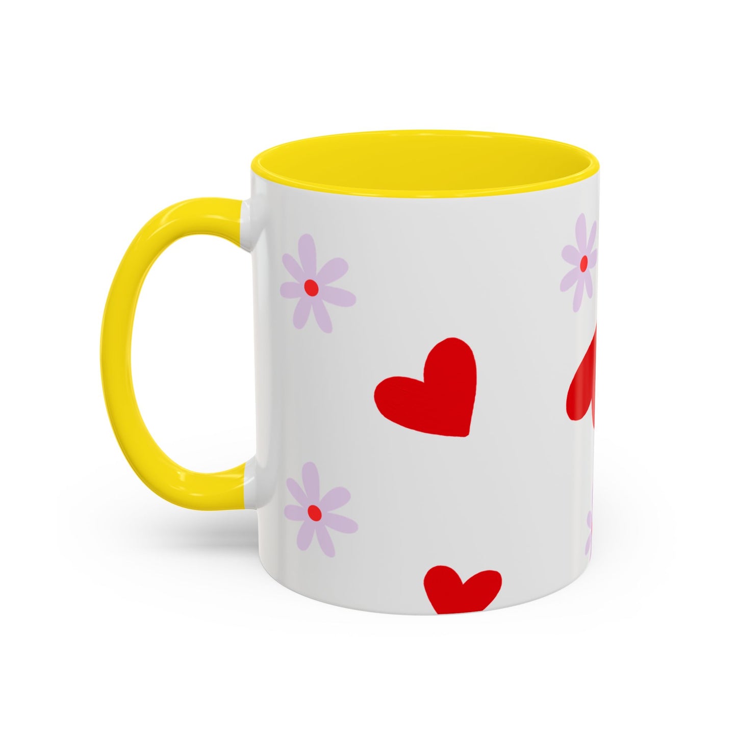 Heart & Daisy Accent Coffee Mug — Cute Red Hearts and Purple Flowers Ceramic Mug