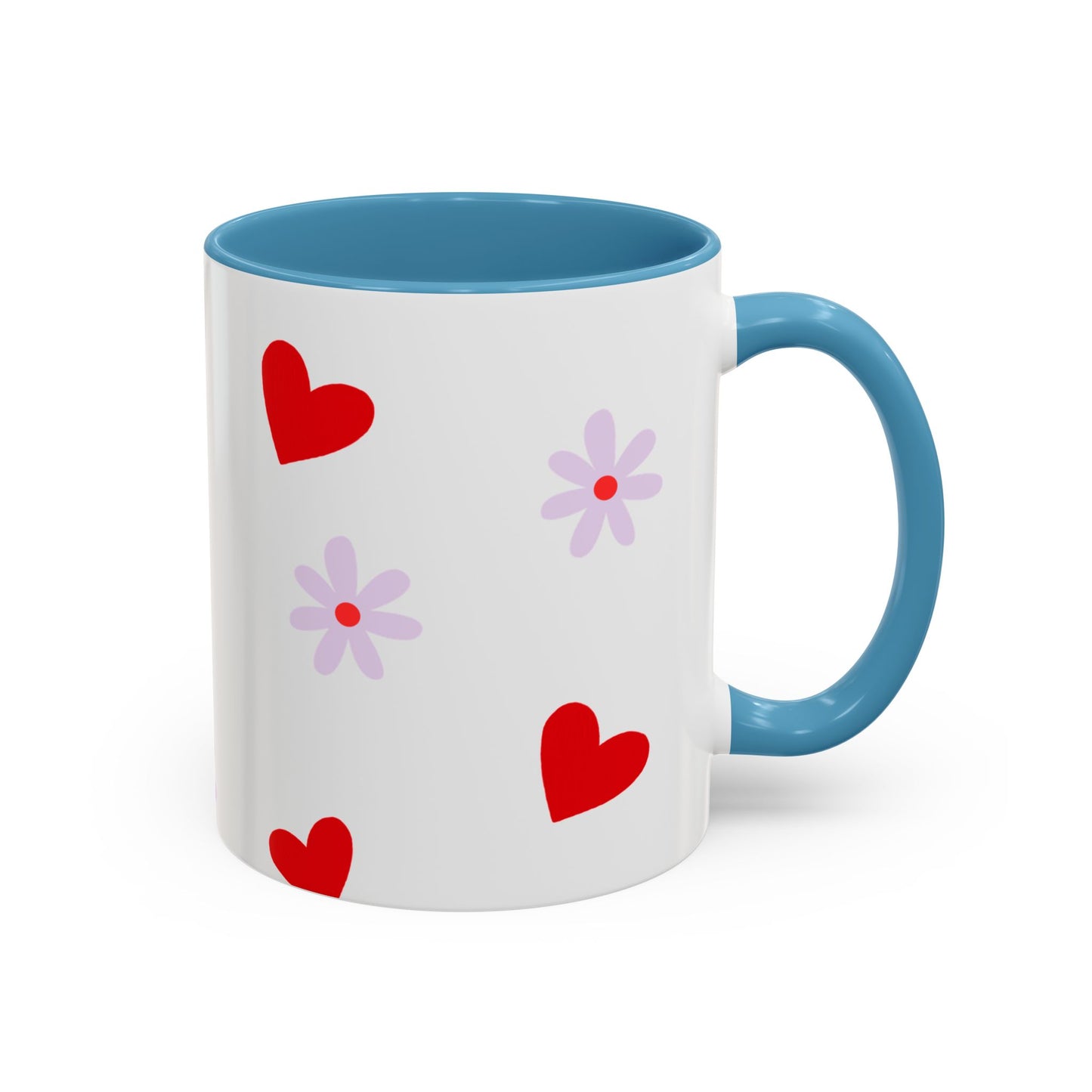 Heart & Daisy Accent Coffee Mug — Cute Red Hearts and Purple Flowers Ceramic Mug