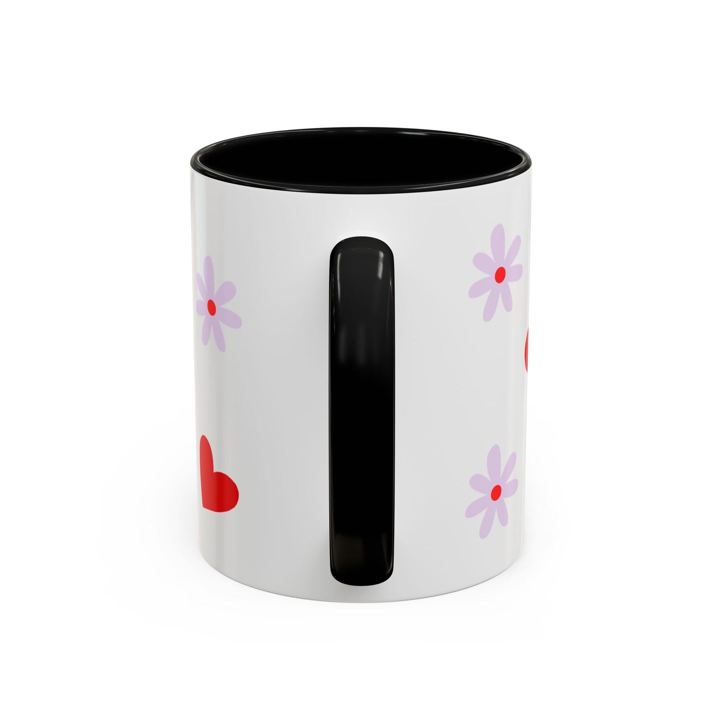 Heart & Daisy Accent Coffee Mug — Cute Red Hearts and Purple Flowers Ceramic Mug