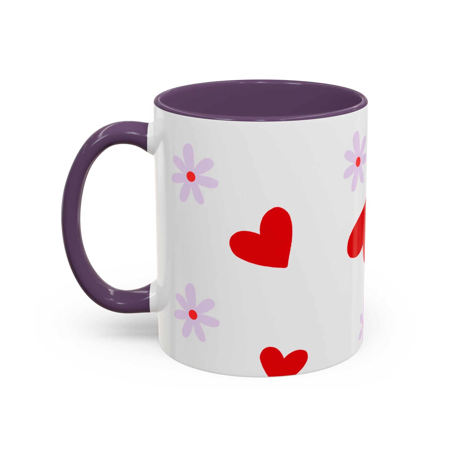 Heart & Daisy Accent Coffee Mug — Cute Red Hearts and Purple Flowers Ceramic Mug
