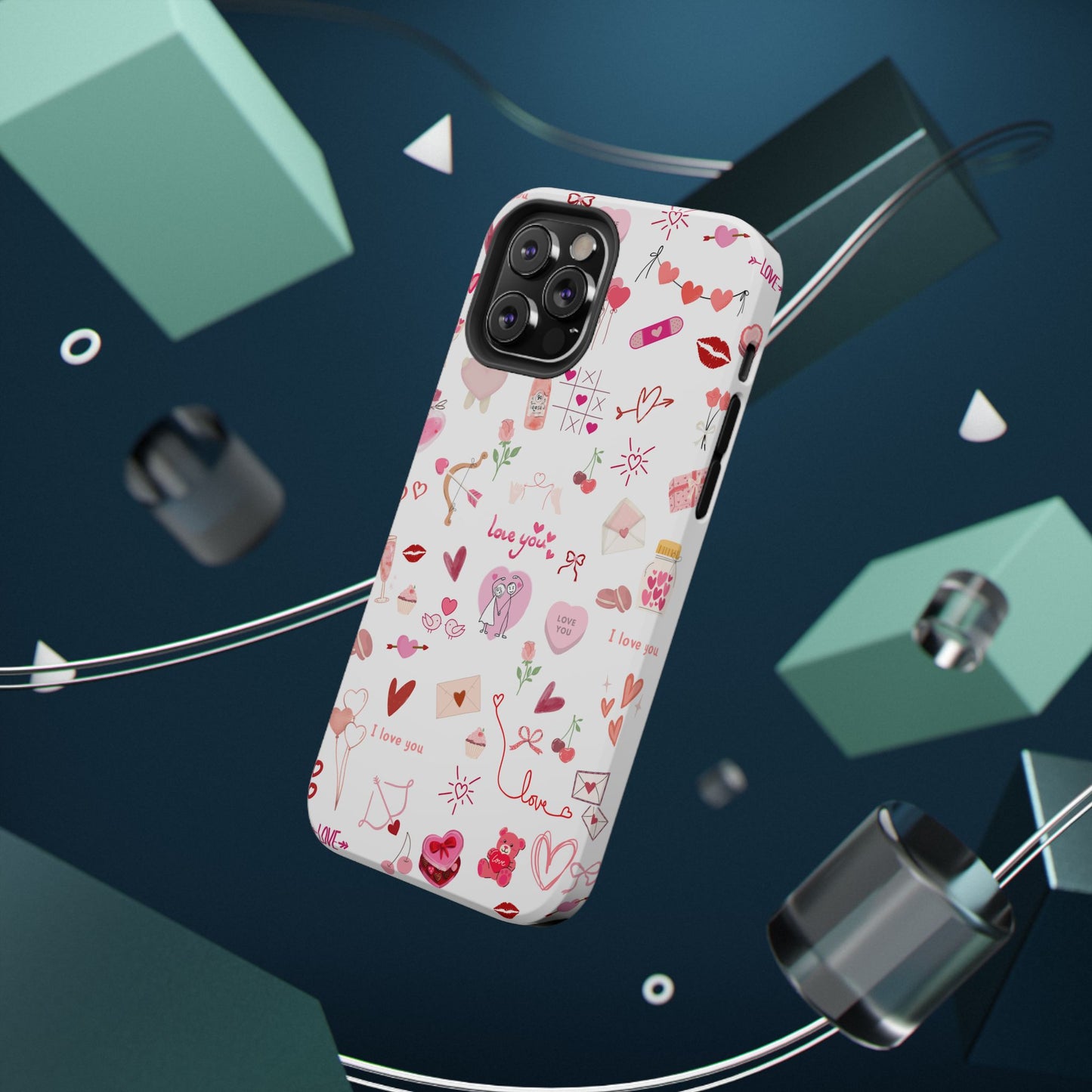 Valentine Doodle Impact-Resistant Phone Case — 'Love You' Pattern
