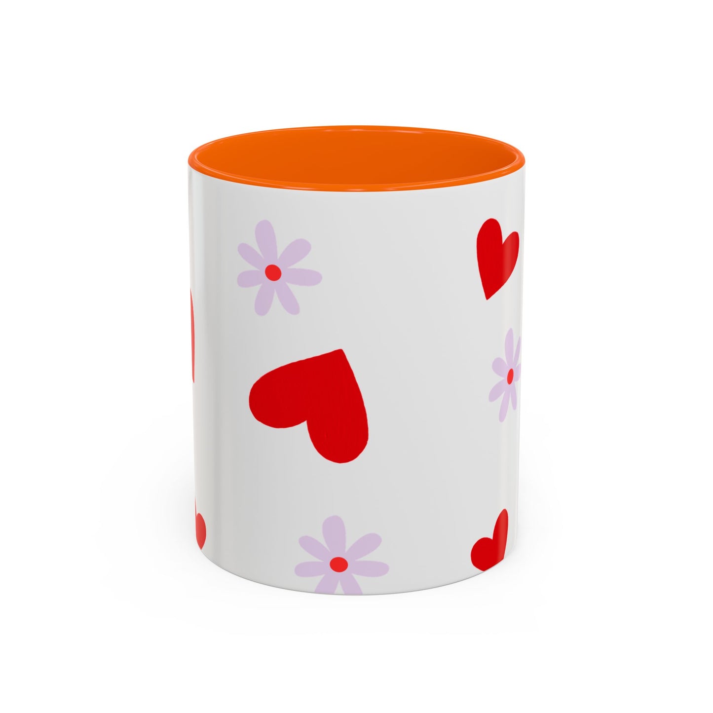 Heart & Daisy Accent Coffee Mug — Cute Red Hearts and Purple Flowers Ceramic Mug