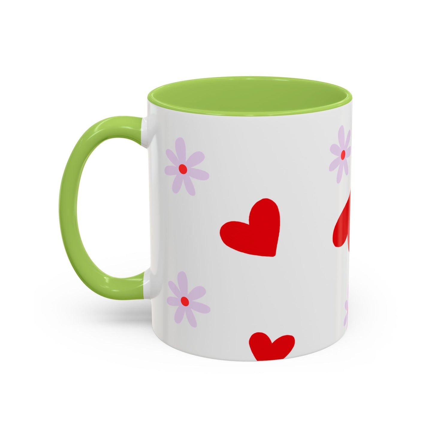Heart & Daisy Accent Coffee Mug — Cute Red Hearts and Purple Flowers Ceramic Mug