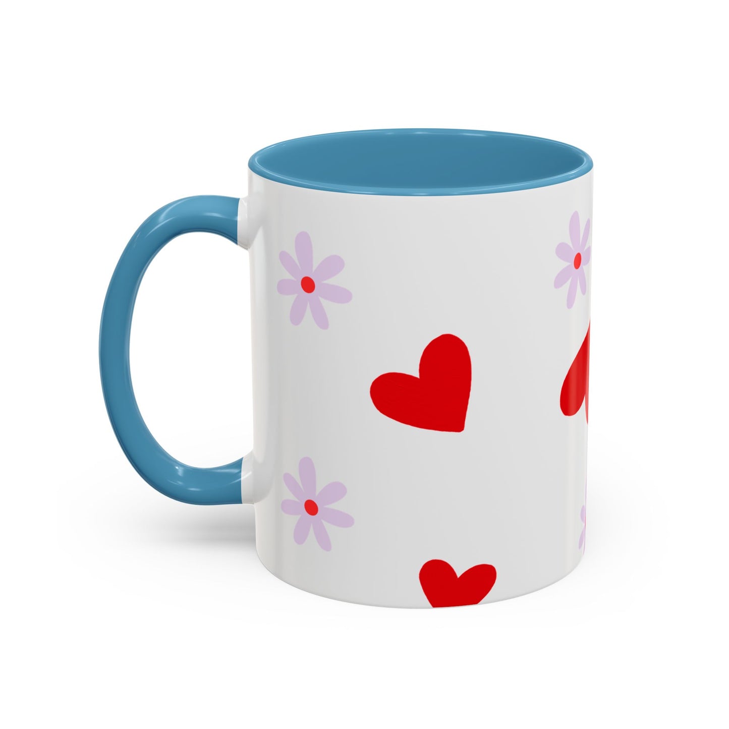 Heart & Daisy Accent Coffee Mug — Cute Red Hearts and Purple Flowers Ceramic Mug