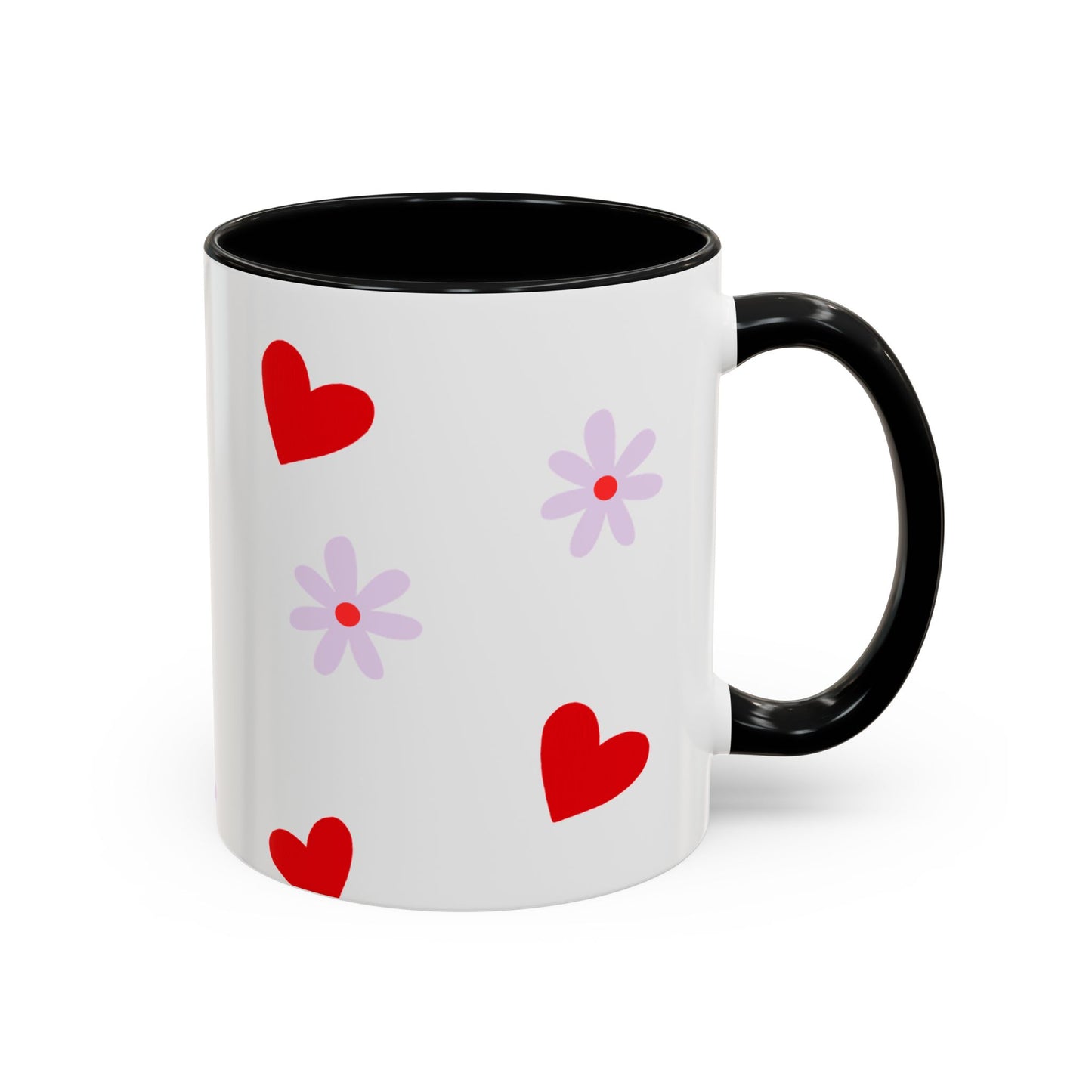 Heart & Daisy Accent Coffee Mug — Cute Red Hearts and Purple Flowers Ceramic Mug