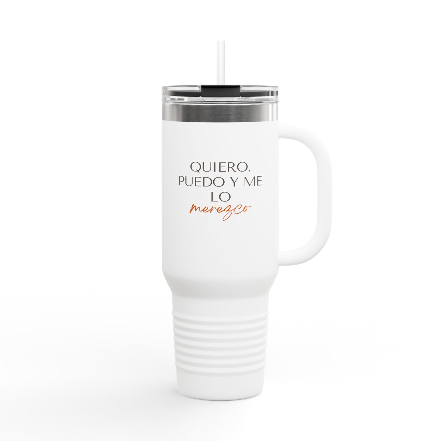 Quiero Puedo Me Lo Merezco Insulated Travel Mug, 40oz - Perfect for Travel, Coffee Lovers, Gifts, Motivational Quotes, Adventurers