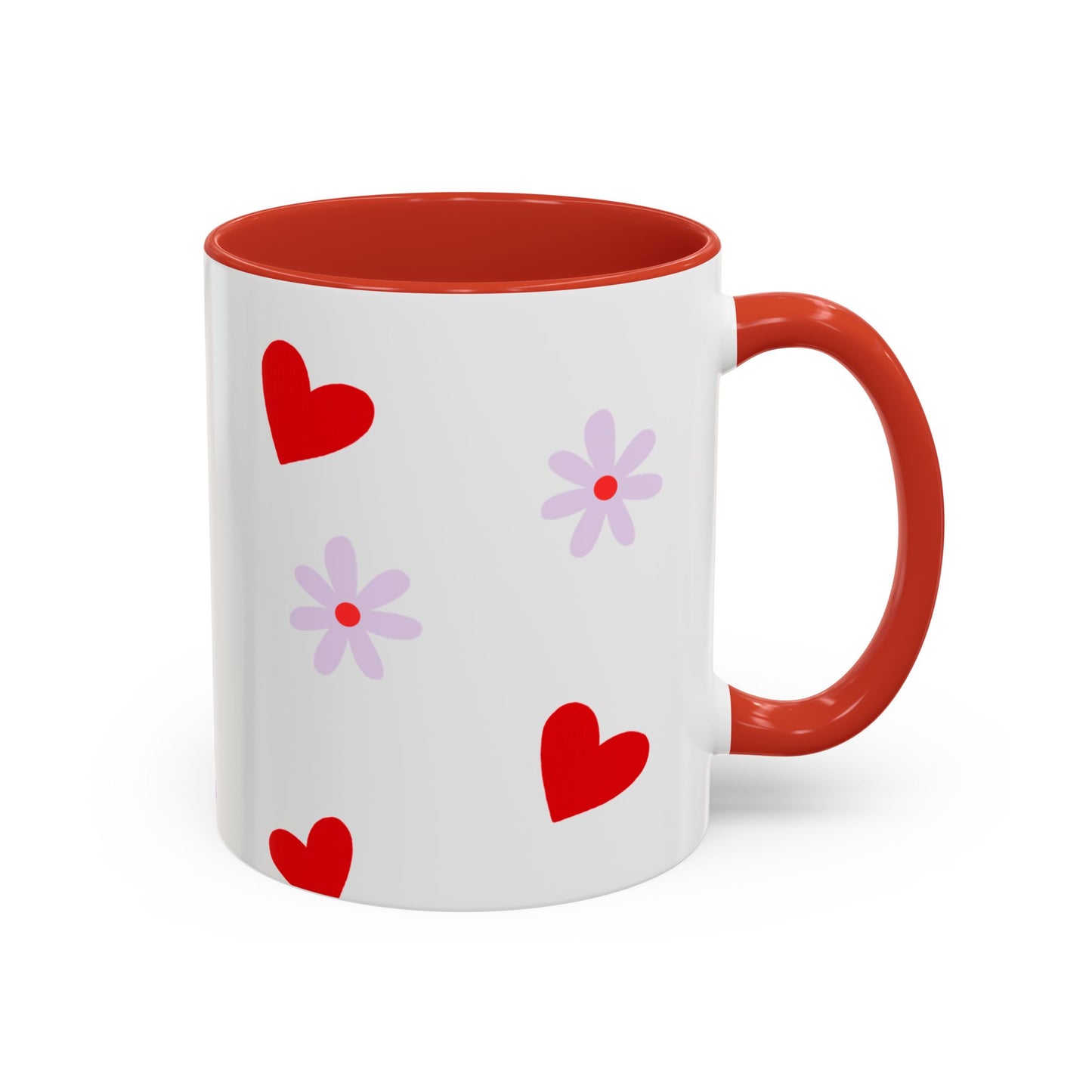 Heart & Daisy Accent Coffee Mug — Cute Red Hearts and Purple Flowers Ceramic Mug