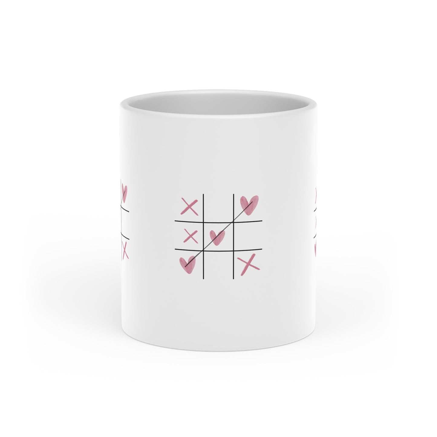 Tic-Tac-Toe Heart Mug — Cute Valentine’s Day Coffee Cup with Pink Heart Xs and Os
