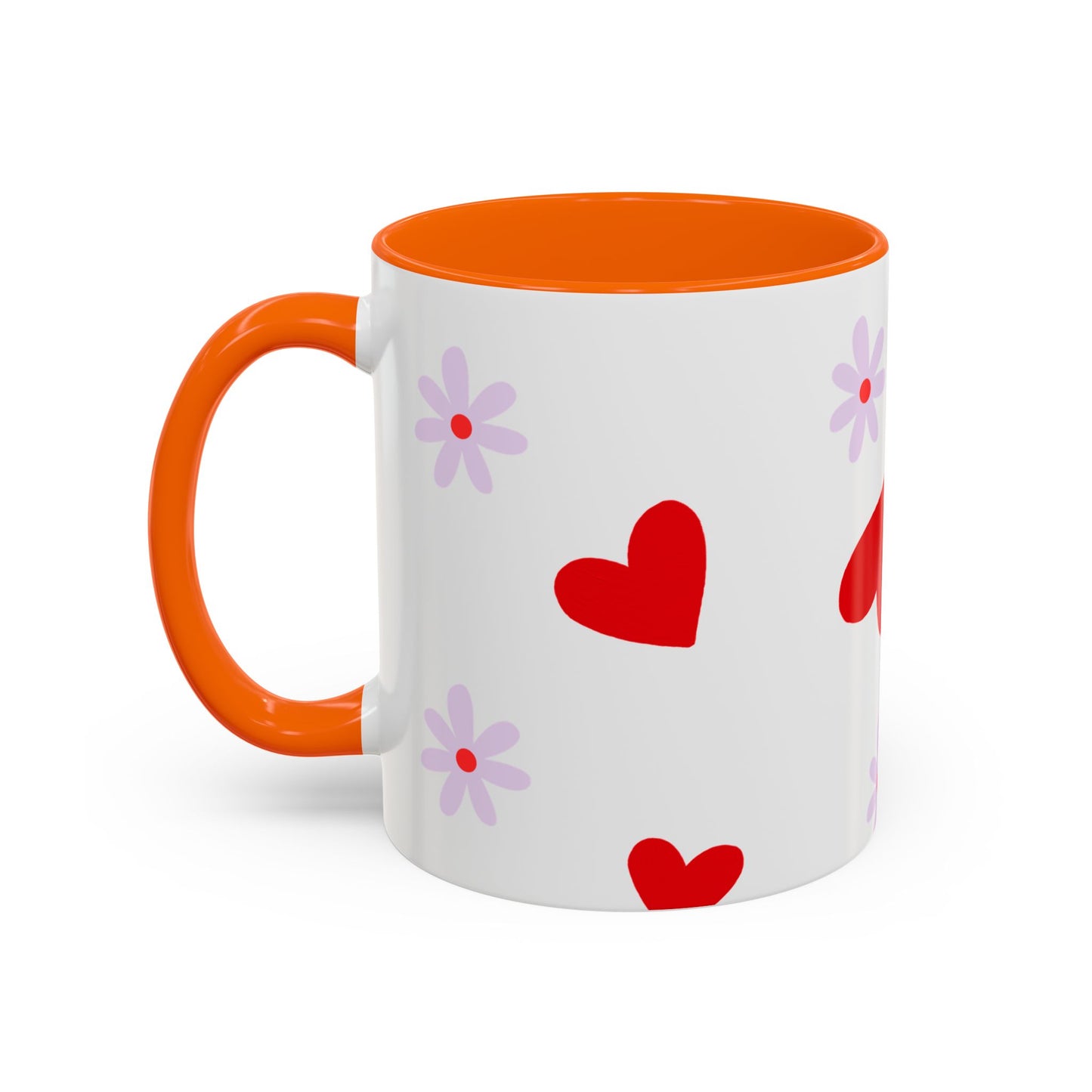 Heart & Daisy Accent Coffee Mug — Cute Red Hearts and Purple Flowers Ceramic Mug