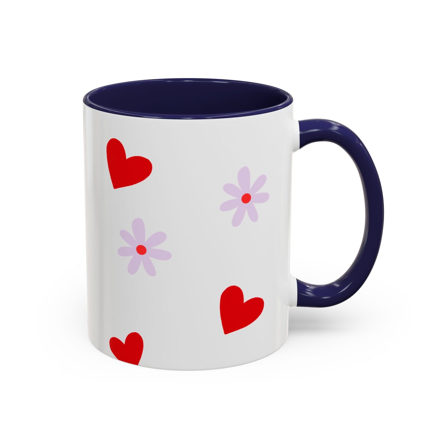 Heart & Daisy Accent Coffee Mug — Cute Red Hearts and Purple Flowers Ceramic Mug