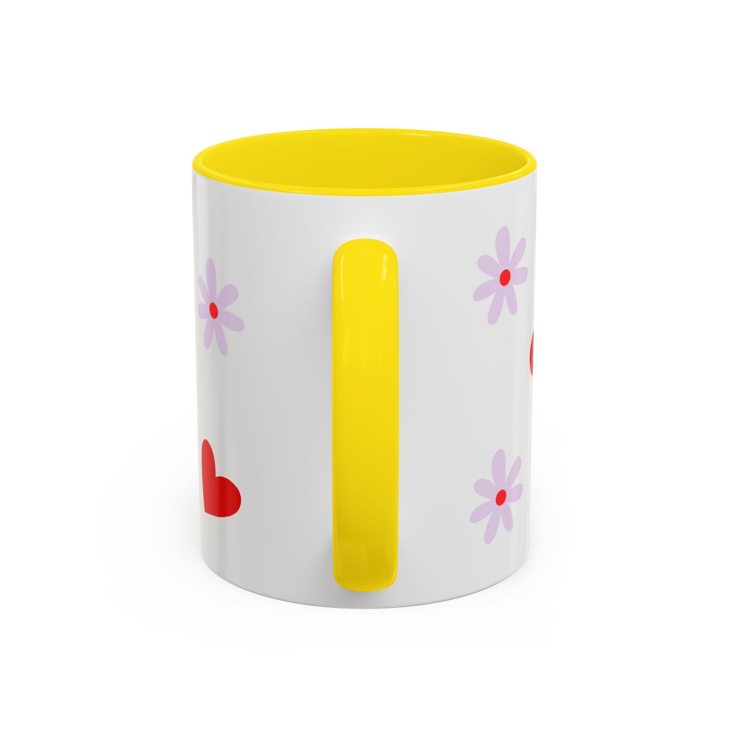 Heart & Daisy Accent Coffee Mug — Cute Red Hearts and Purple Flowers Ceramic Mug