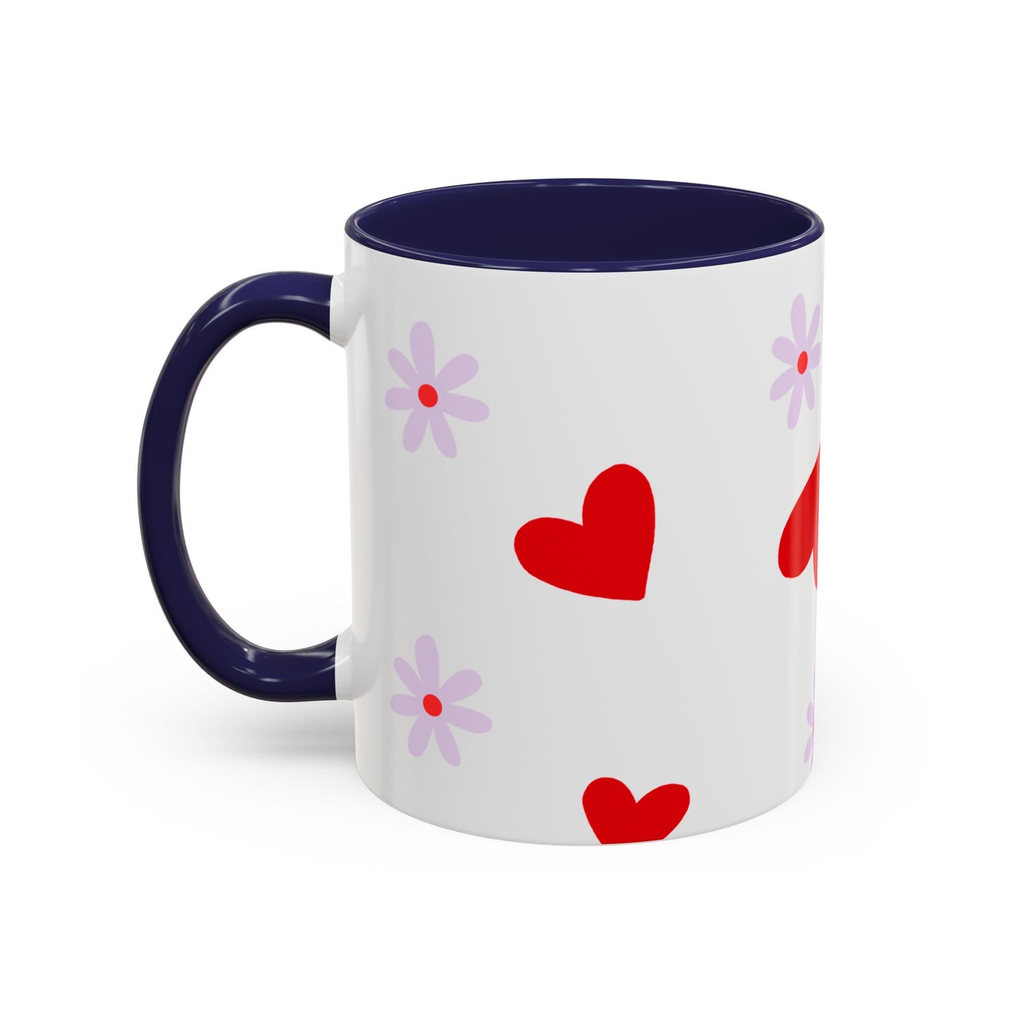 Heart & Daisy Accent Coffee Mug — Cute Red Hearts and Purple Flowers Ceramic Mug