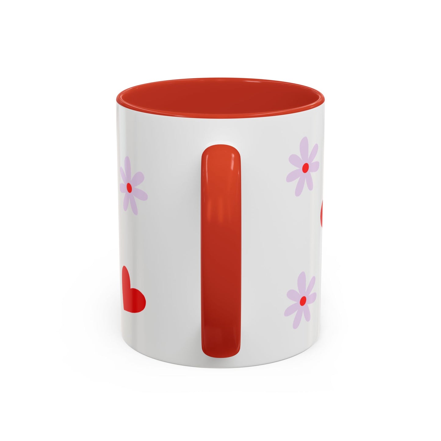 Heart & Daisy Accent Coffee Mug — Cute Red Hearts and Purple Flowers Ceramic Mug