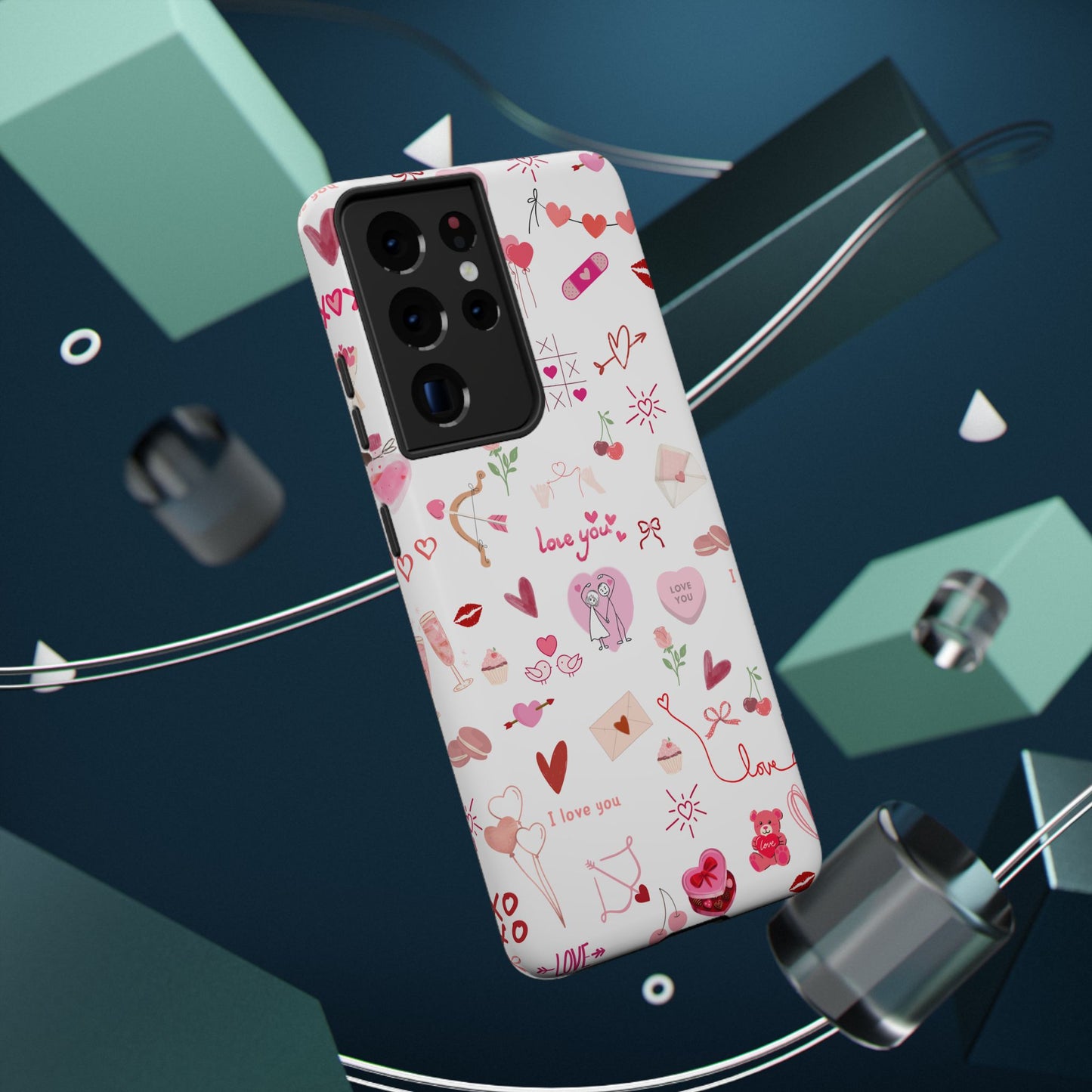 Valentine Doodle Impact-Resistant Phone Case — 'Love You' Pattern