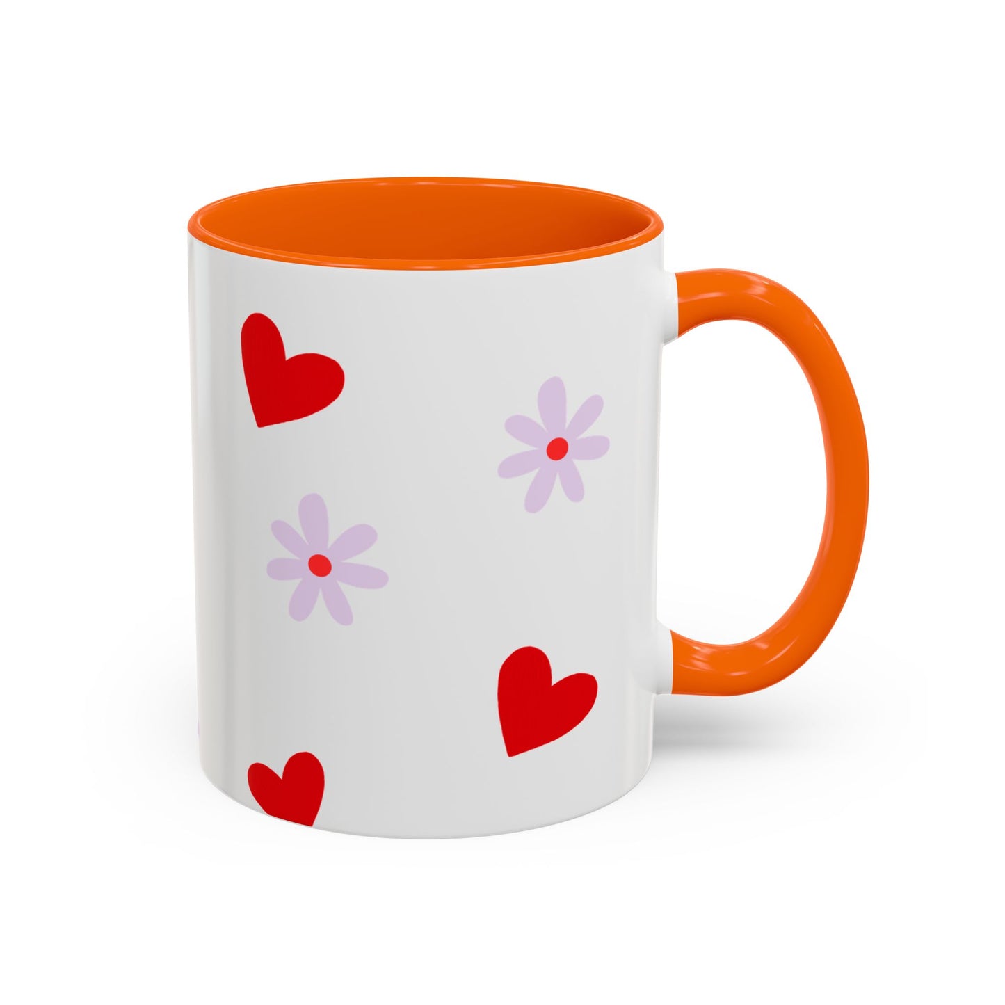 Heart & Daisy Accent Coffee Mug — Cute Red Hearts and Purple Flowers Ceramic Mug