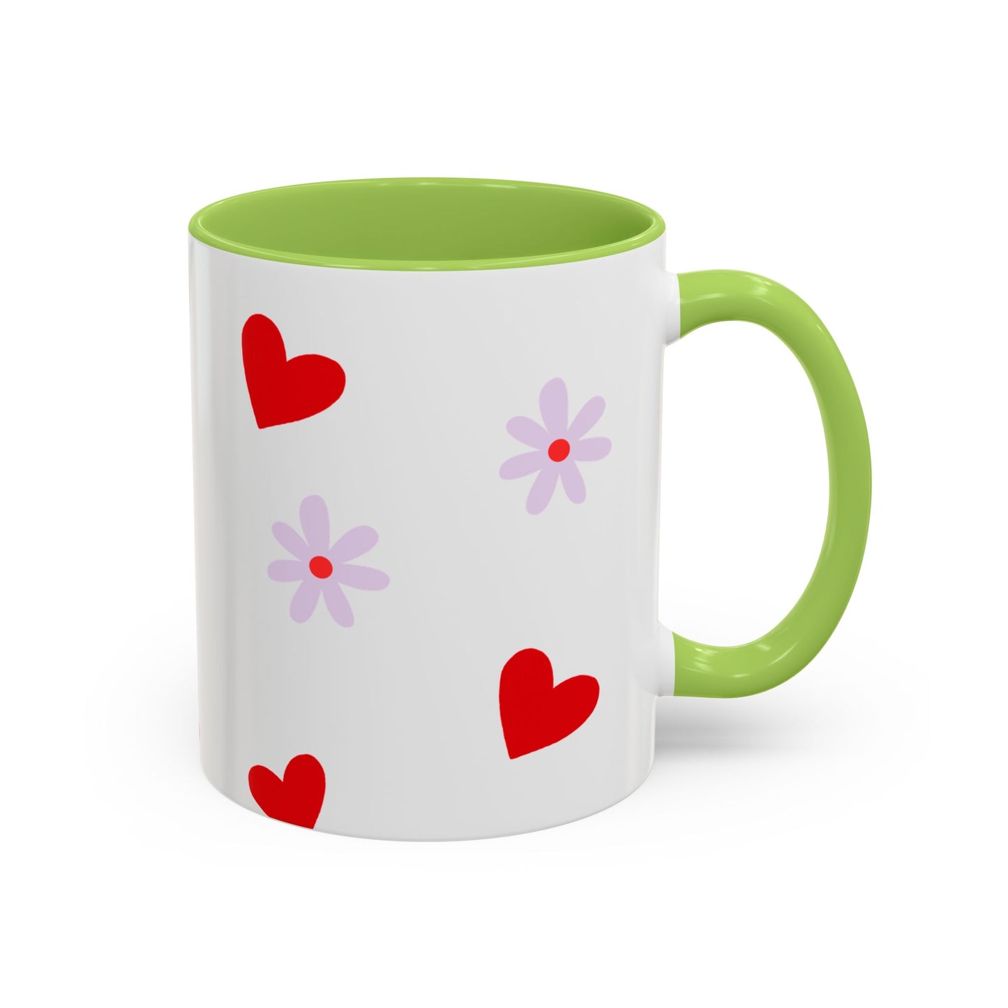Heart & Daisy Accent Coffee Mug — Cute Red Hearts and Purple Flowers Ceramic Mug